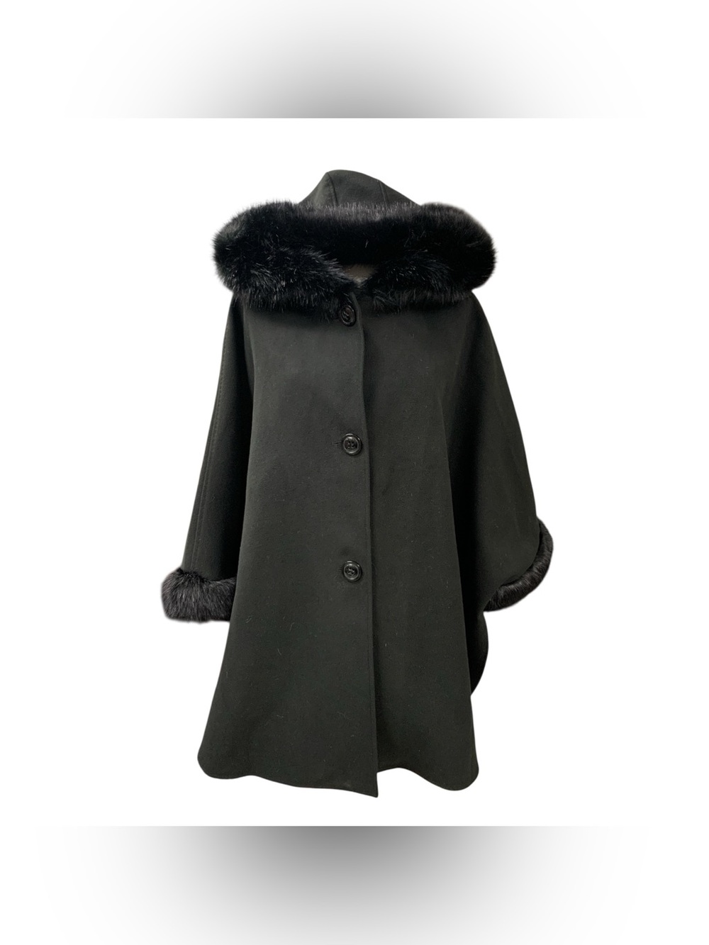 Laura Black Hooded Swing Coat with Faux Fur Trim Size M